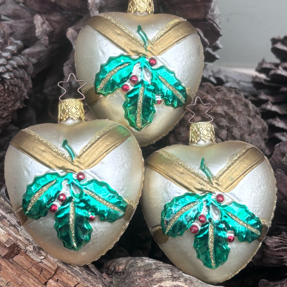 Trio of Vintage Old World Inge-Glas Heart and Holly Ornaments!